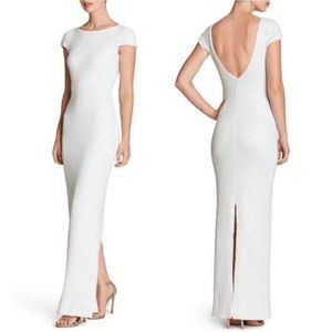 DRESS THE POPULATION Teresa Dress Cap Sleeve Scoop Back Sequin White Maxi NEW